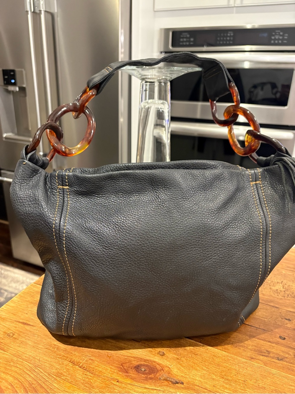 Kate Landry Black Leather Hobo Bag with Tortoiseshell Chain Handles